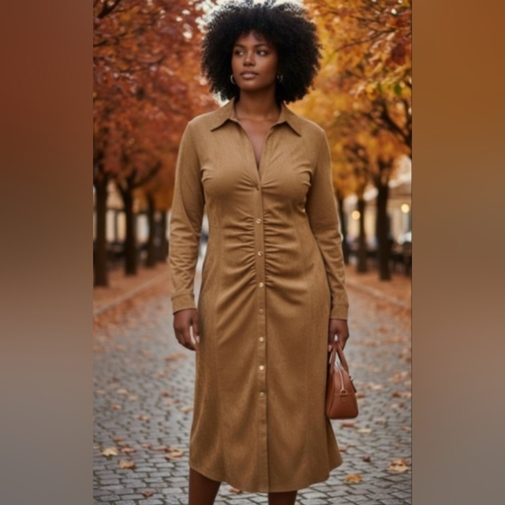 ZARA NWOT Ruched Faux Suede Midi dress button up tan collared size XS